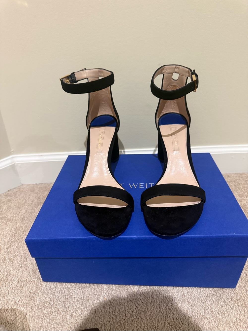 Stuart Weitzman Black Suede Ankle-Strap Block Heels